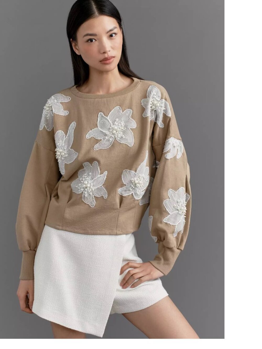Anthropologie Ollari Deco Floral Embellished Pullover XL tan color new nwt